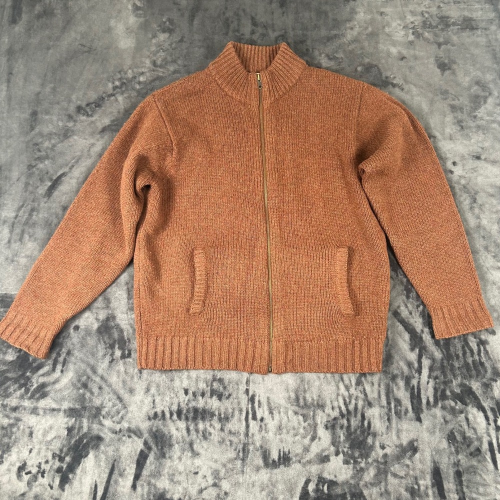LL Bean Full Zip Sweater Mens M Orange Shetland Wool Cardigan Mock Neck 4572